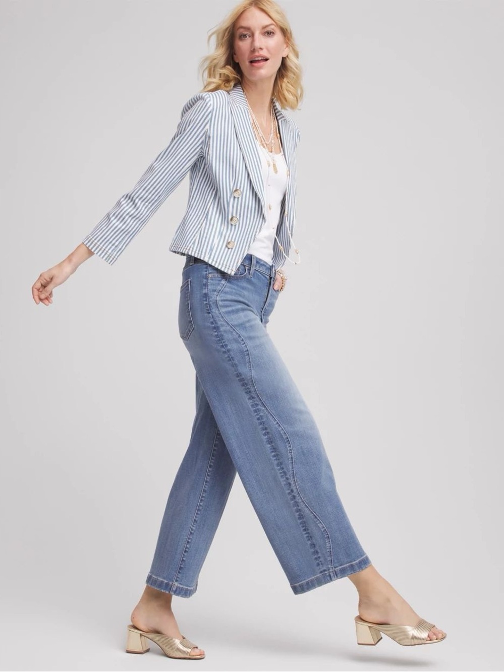 Striped Light Blue Cropped Double-Breasted Blazer - Picture 8 of 8